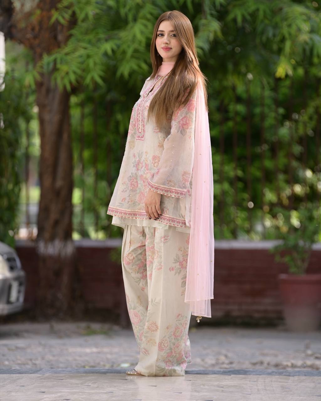 Beige Designer Digital Printed Georgette Suit Set with Farshi Plazzo & Net Dupatta ClothsVilla