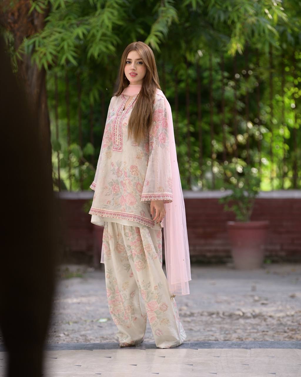 Beige Designer Digital Printed Georgette Suit Set with Farshi Plazzo & Net Dupatta ClothsVilla