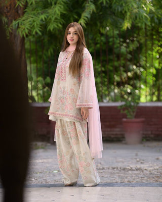 Beige Designer Digital Printed Georgette Suit Set with Farshi Plazzo & Net Dupatta ClothsVilla