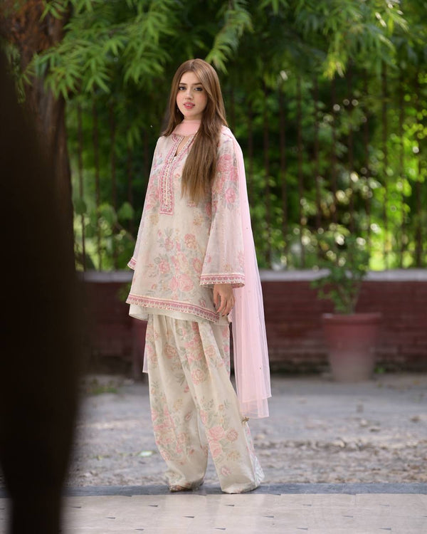 Beige Designer Digital Printed Georgette Suit Set with Farshi Plazzo & Net Dupatta ClothsVilla