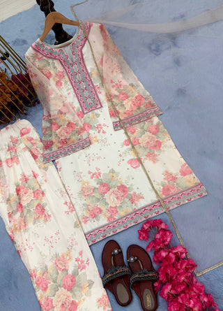 Beige Designer Digital Printed Georgette Suit Set with Farshi Plazzo & Net Dupatta ClothsVilla