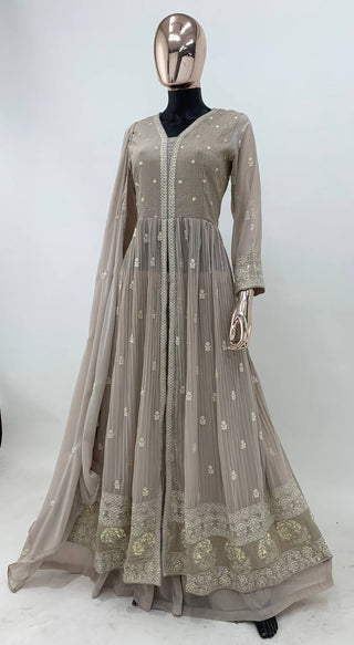 Beige Elegant Faux Georgette Embroidered Gown Set with Dupatta ClothsVilla