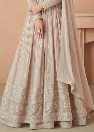 Beige Elegant Faux Georgette Embroidered Gown Set with Dupatta ClothsVilla