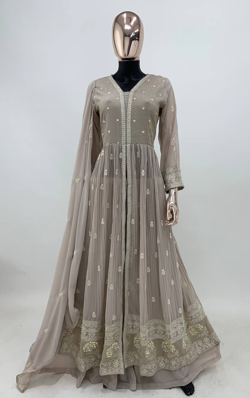 Beige Elegant Faux Georgette Embroidered Gown Set with Dupatta ClothsVilla
