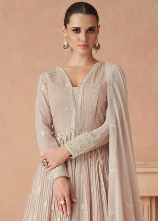 Beige Elegant Faux Georgette Embroidered Gown Set with Dupatta ClothsVilla