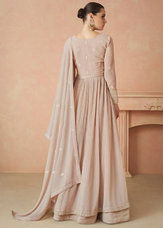 Beige Elegant Faux Georgette Embroidered Gown Set with Dupatta ClothsVilla