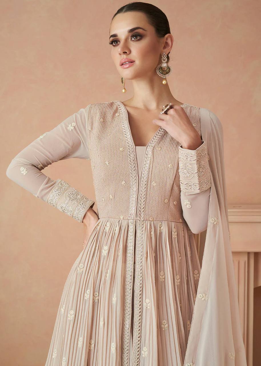 Beige Elegant Faux Georgette Embroidered Gown Set with Dupatta ClothsVilla