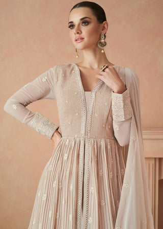 Beige Elegant Faux Georgette Embroidered Gown Set with Dupatta ClothsVilla