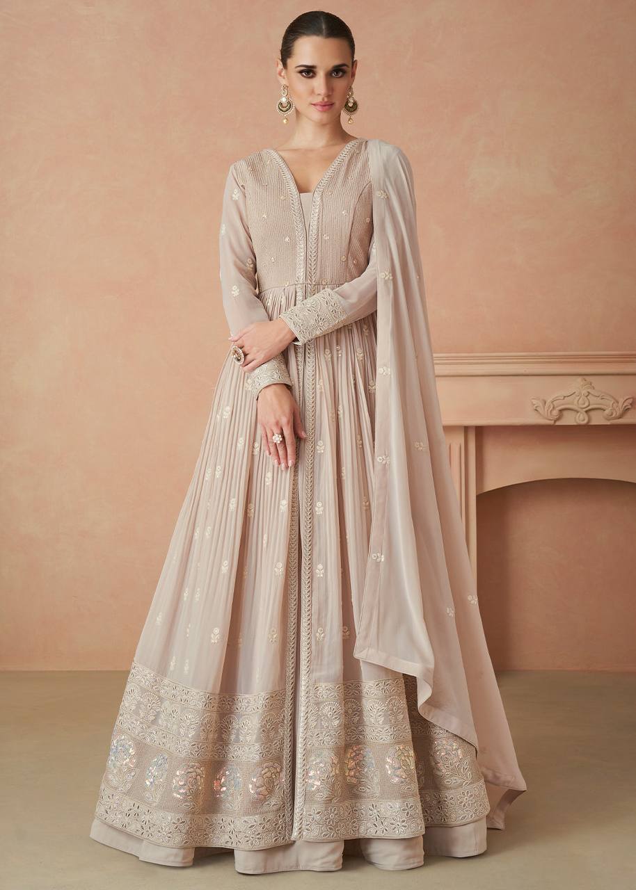 Beige Elegant Faux Georgette Embroidered Gown Set with Dupatta ClothsVilla