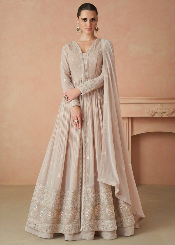 Beige Elegant Faux Georgette Embroidered Gown Set with Dupatta ClothsVilla