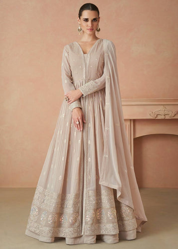 Beige Elegant Faux Georgette Embroidered Gown Set with Dupatta ClothsVilla