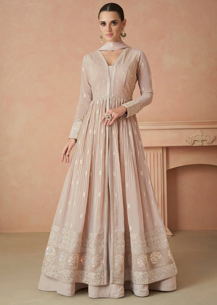 Beige Elegant Faux Georgette Embroidered Gown Set with Dupatta ClothsVilla Main image