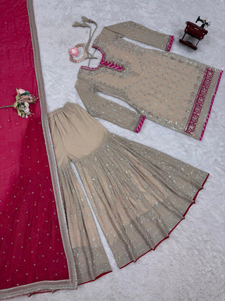 Beige Elegant Faux Georgette Sharara Set with Dupatta ClothsVilla