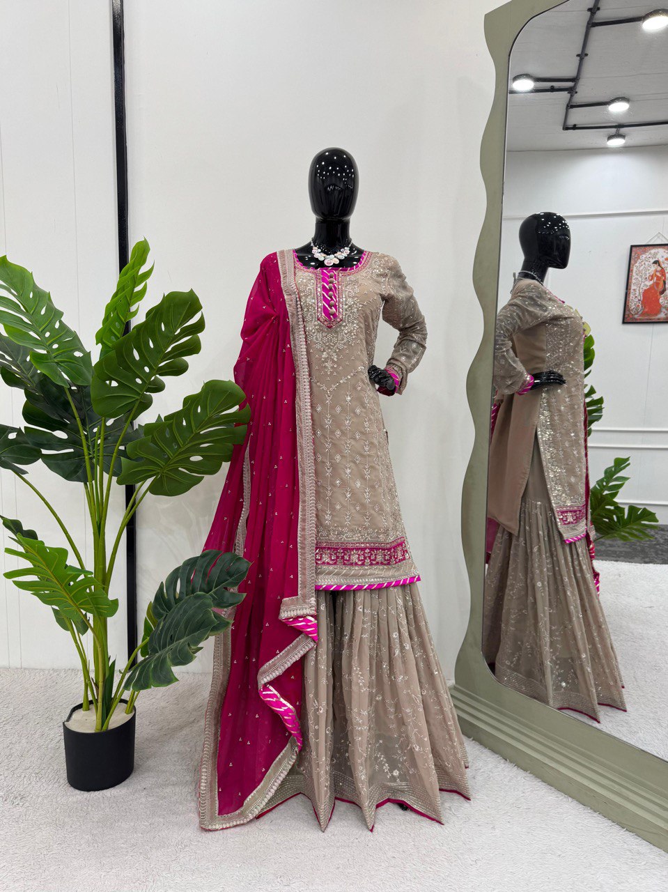 Beige Elegant Faux Georgette Sharara Set with Dupatta ClothsVilla Main image