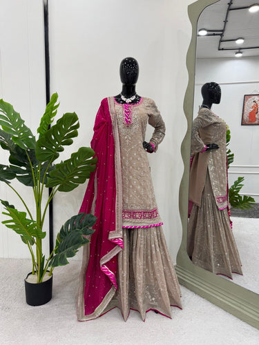 Beige Elegant Faux Georgette Sharara Set with Dupatta ClothsVilla