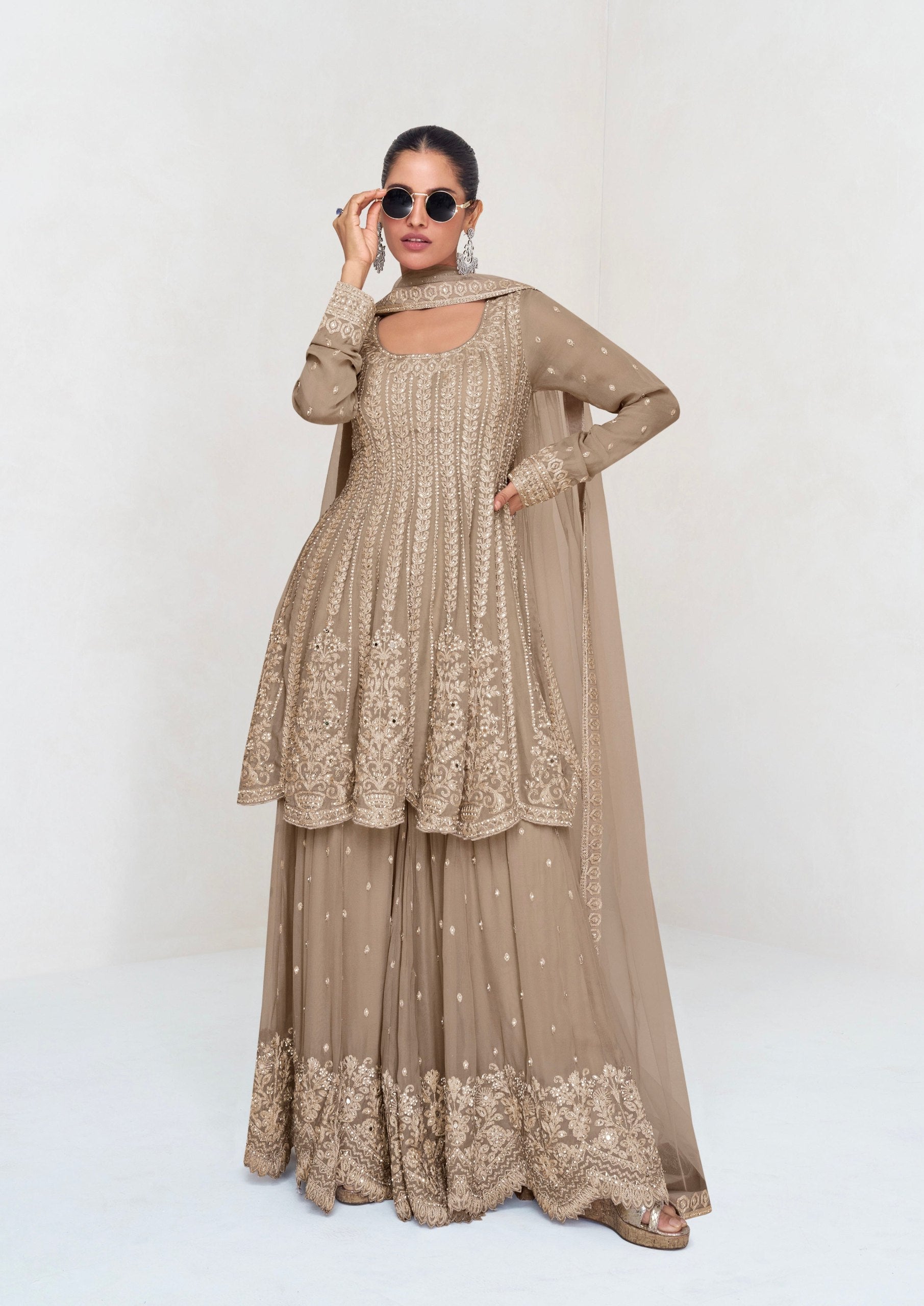 Beige Elegant Georgette Embroidered Kurta Palazzo Set with Lace Dupatta ClothsVilla Main image