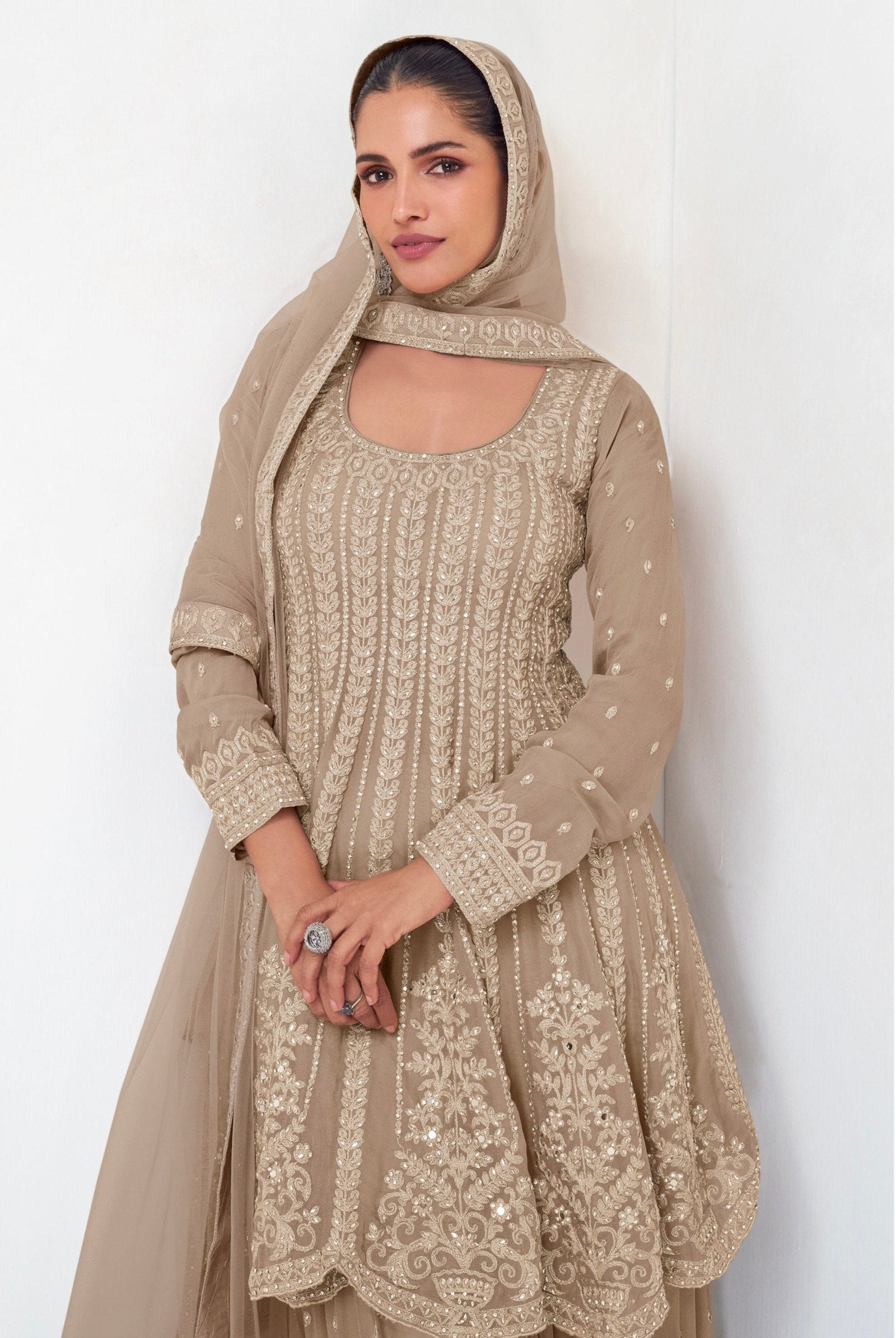 Beige Elegant Georgette Embroidered Kurta Palazzo Set with Lace Dupatta ClothsVilla