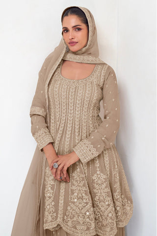 Beige Elegant Georgette Embroidered Kurta Palazzo Set with Lace Dupatta ClothsVilla