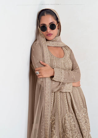 Beige Elegant Georgette Embroidered Kurta Palazzo Set with Lace Dupatta ClothsVilla