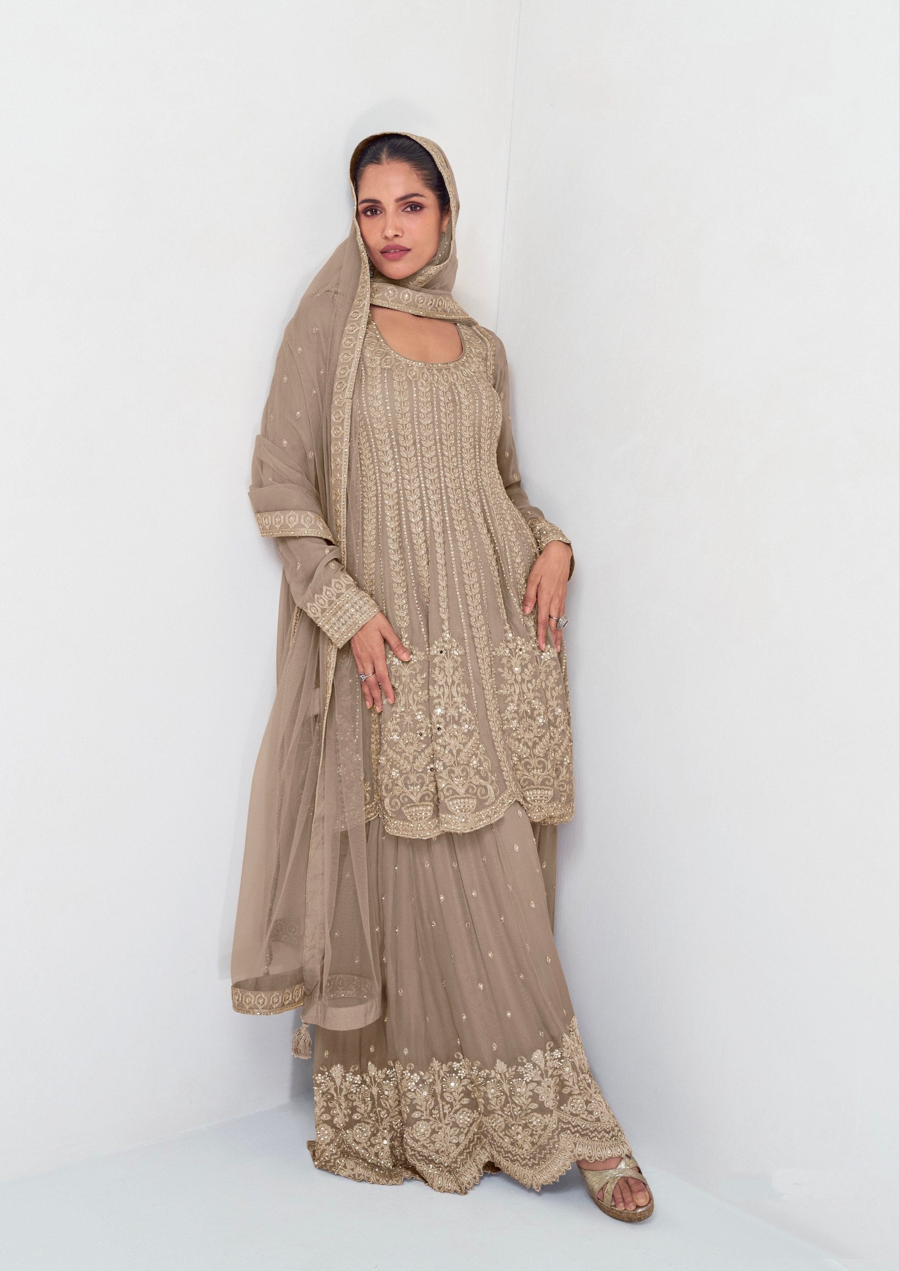 Beige Elegant Georgette Embroidered Kurta Palazzo Set with Lace Dupatta Secondary image