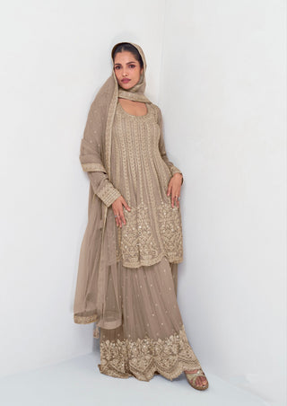 Beige Elegant Georgette Embroidered Kurta Palazzo Set with Lace Dupatta ClothsVilla
