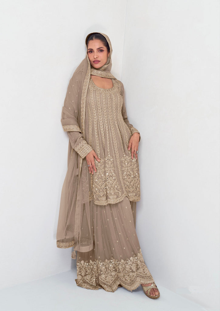 Beige Elegant Georgette Embroidered Kurta Palazzo Set with Lace Dupatta ClothsVilla