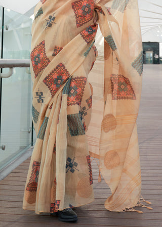 Beige Elegant Linen Silk Saree – Breathable & Stylish with Blouse Piece ClothsVilla