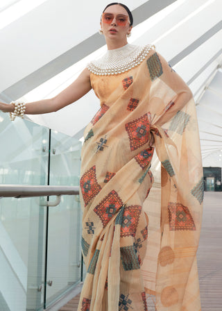 Beige Elegant Linen Silk Saree – Breathable & Stylish with Blouse Piece ClothsVilla