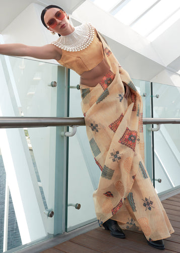 Beige Elegant Linen Silk Saree – Breathable & Stylish with Blouse Piece ClothsVilla