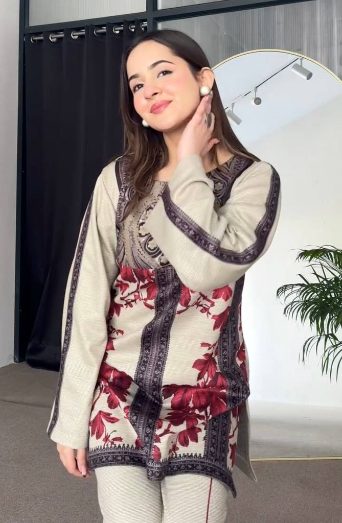 Beige Elegant Pure Natural Crepe Digital Print Co-Ord Set with Palazzo – Full Stitched ClothsVilla