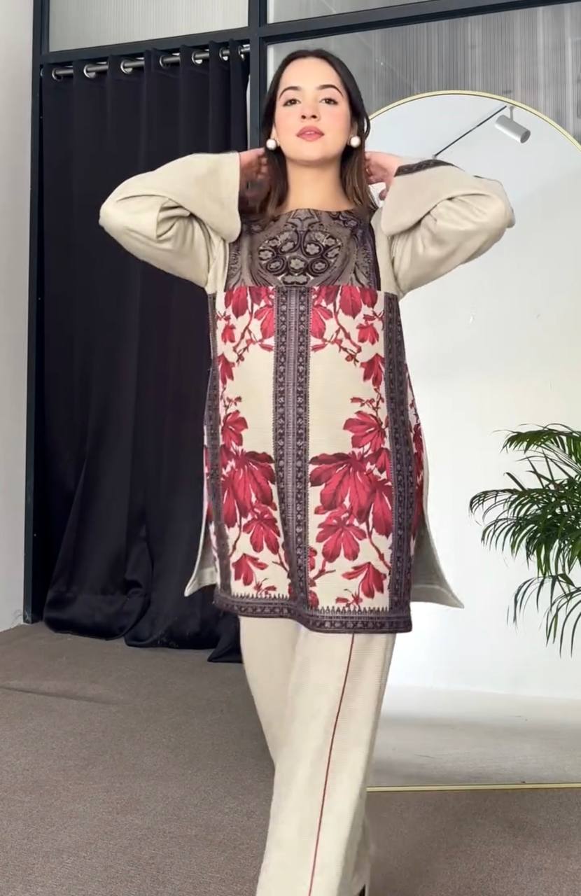 Beige Elegant Pure Natural Crepe Digital Print Co-Ord Set with Palazzo – Full Stitched ClothsVilla