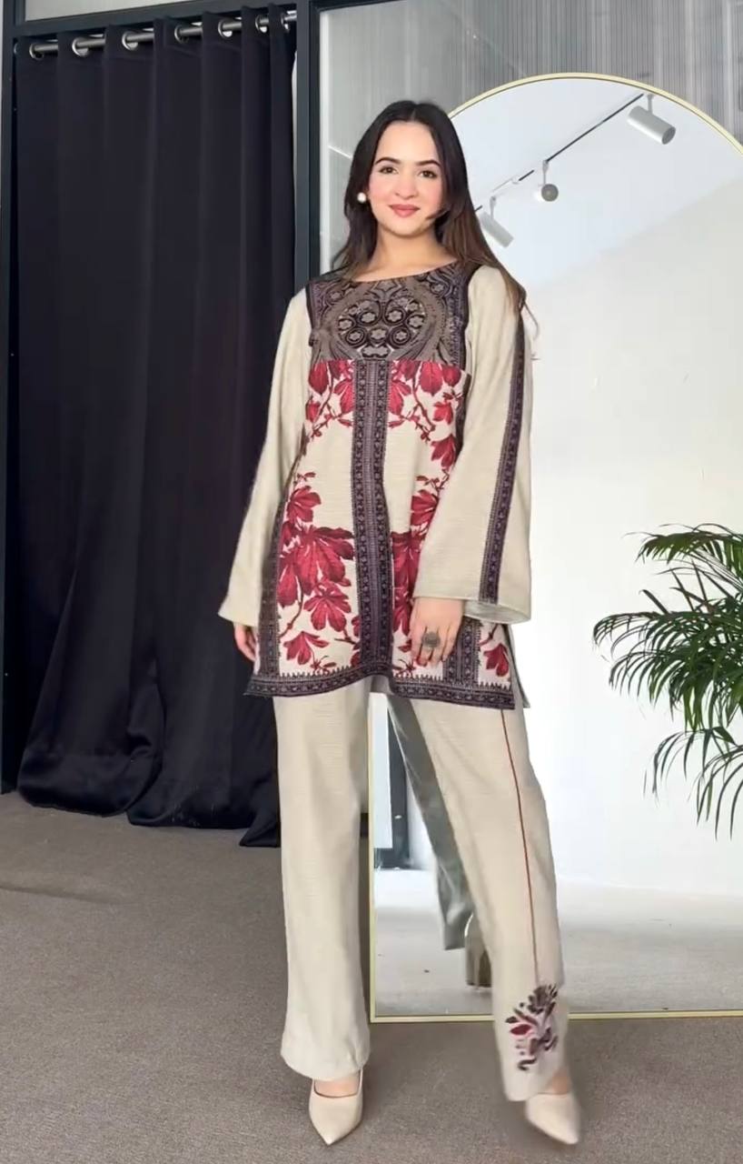 Beige Elegant Pure Natural Crepe Digital Print Co-Ord Set with Palazzo – Full Stitched ClothsVilla