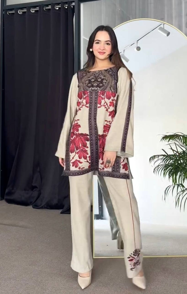 Beige Elegant Pure Natural Crepe Digital Print Co-Ord Set with Palazzo – Full Stitched ClothsVilla