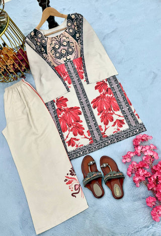 Beige Elegant Pure Natural Crepe Digital Print Co-Ord Set with Palazzo – Full Stitched ClothsVilla
