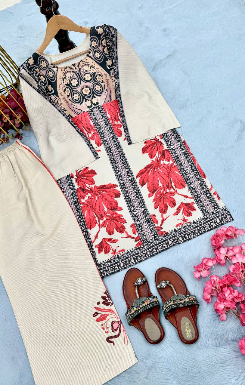 Beige Elegant Pure Natural Crepe Digital Print Co-Ord Set with Palazzo – Full Stitched ClothsVilla