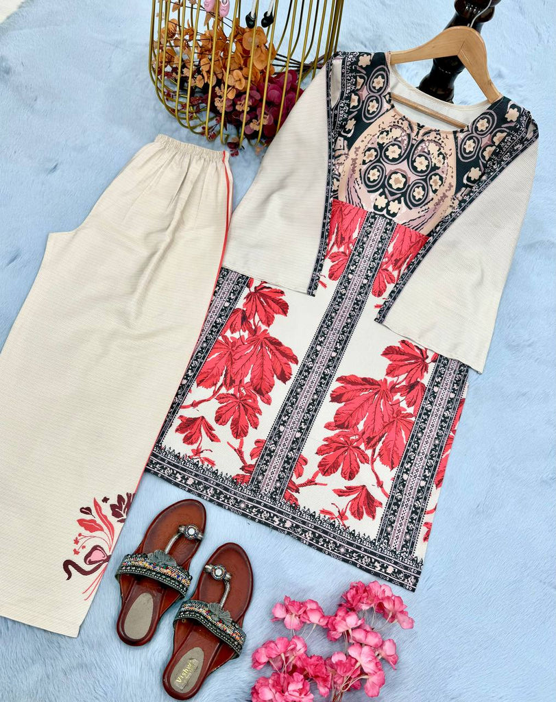 Beige Elegant Pure Natural Crepe Digital Print Co-Ord Set with Palazzo – Full Stitched ClothsVilla