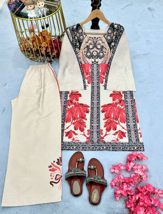 Beige Elegant Pure Natural Crepe Digital Print Co-Ord Set with Palazzo – Full Stitched ClothsVilla
