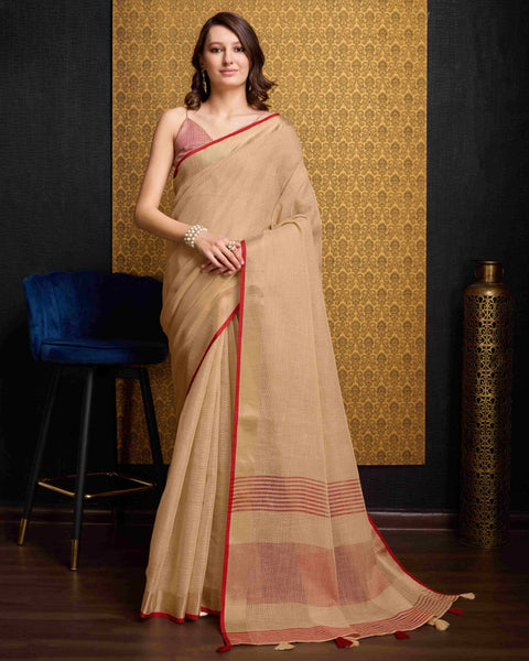Beige Elegant Solid Saree with Zari Border – Timeless Grace ClothsVilla Main image