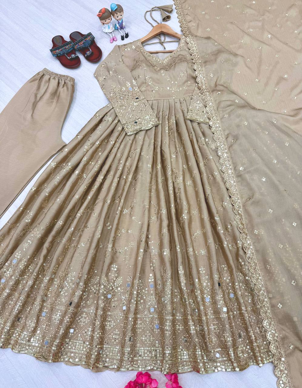 Beige Embroidered Chinon Silk Anarkali Gown Set with Sequins, Mirror Work & Cutwork Dupatta – Fully Stitched ClothsVilla Main image
