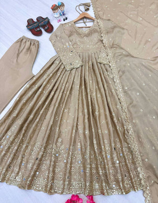 Beige Embroidered Chinon Silk Anarkali Gown Set with Sequins, Mirror Work & Cutwork Dupatta – Fully Stitched ClothsVilla