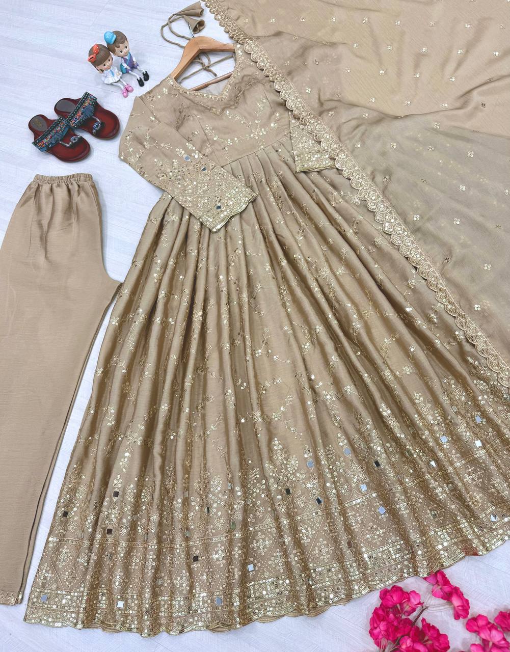 Beige Embroidered Chinon Silk Anarkali Gown Set with Sequins, Mirror Work & Cutwork Dupatta – Fully Stitched ClothsVilla
