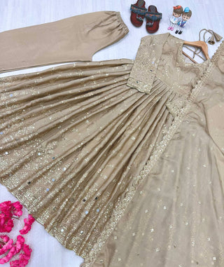 Beige Embroidered Chinon Silk Anarkali Gown Set with Sequins, Mirror Work & Cutwork Dupatta – Fully Stitched ClothsVilla
