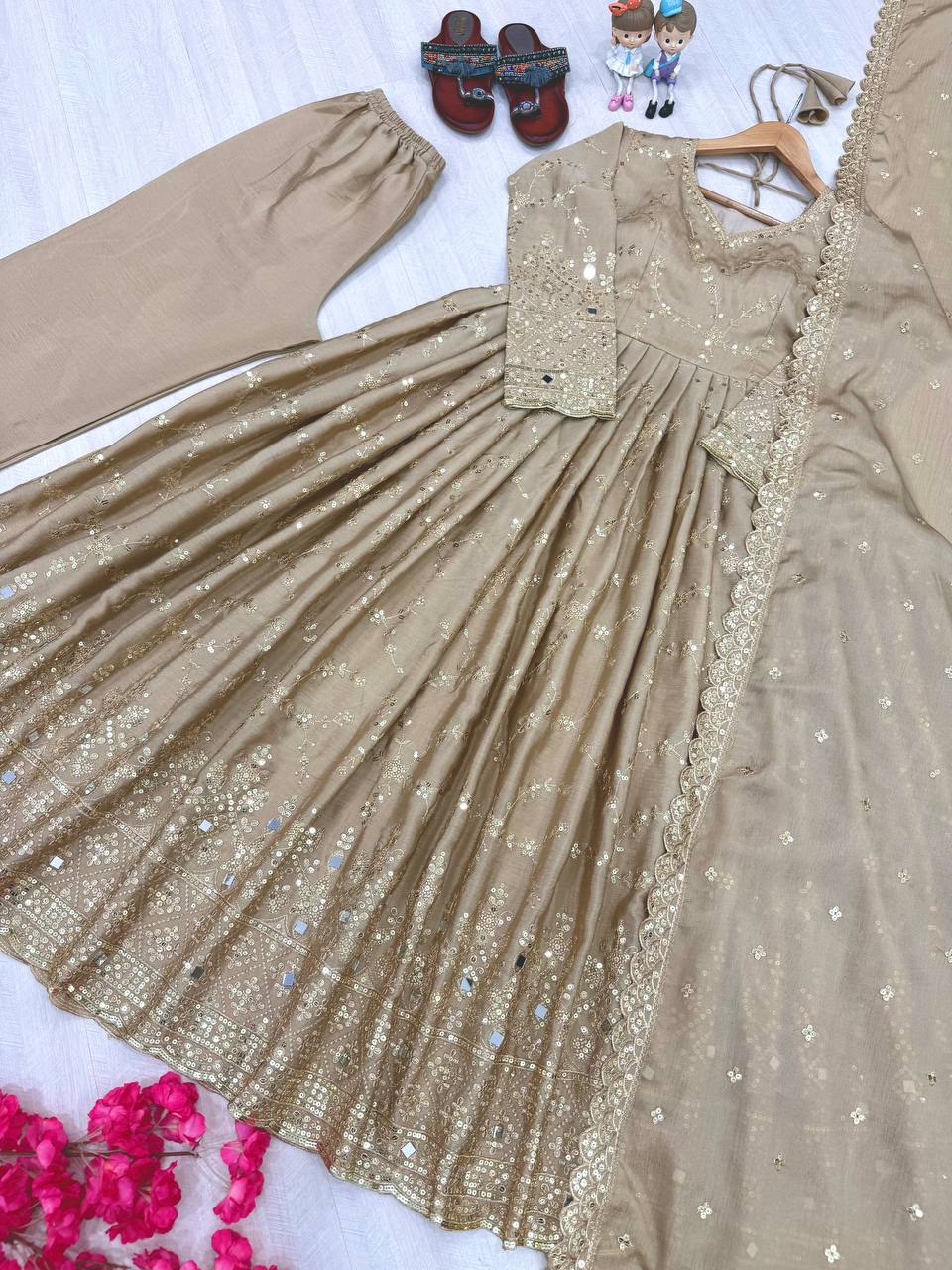 Beige Embroidered Chinon Silk Anarkali Gown Set with Sequins, Mirror Work & Cutwork Dupatta – Fully Stitched ClothsVilla