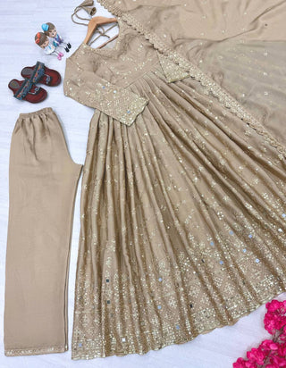 Beige Embroidered Chinon Silk Anarkali Gown Set with Sequins, Mirror Work & Cutwork Dupatta – Fully Stitched ClothsVilla
