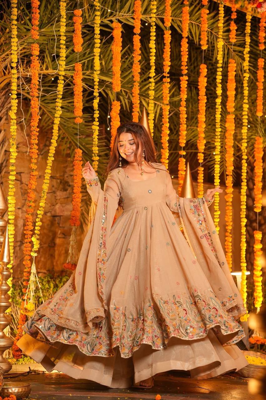 Beige Embroidered Gown Sharara Set ClothsVilla