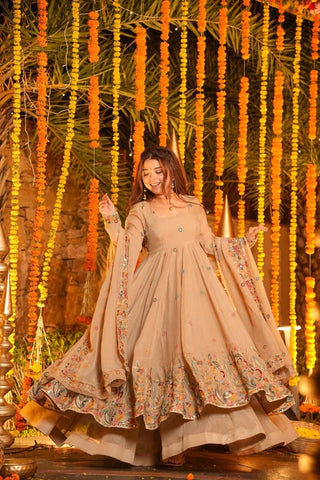 Beige Embroidered Gown Sharara Set ClothsVilla