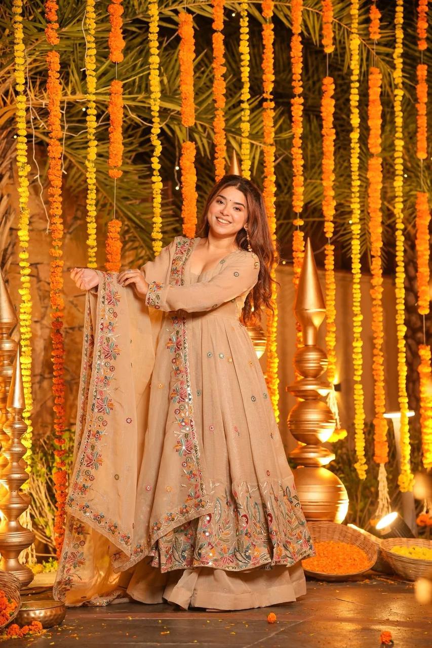 Beige Embroidered Gown Sharara Set ClothsVilla