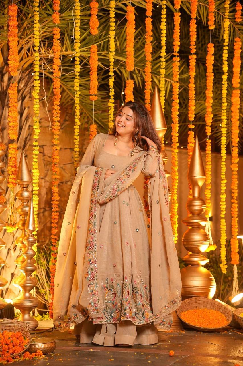 Beige Embroidered Gown Sharara Set ClothsVilla