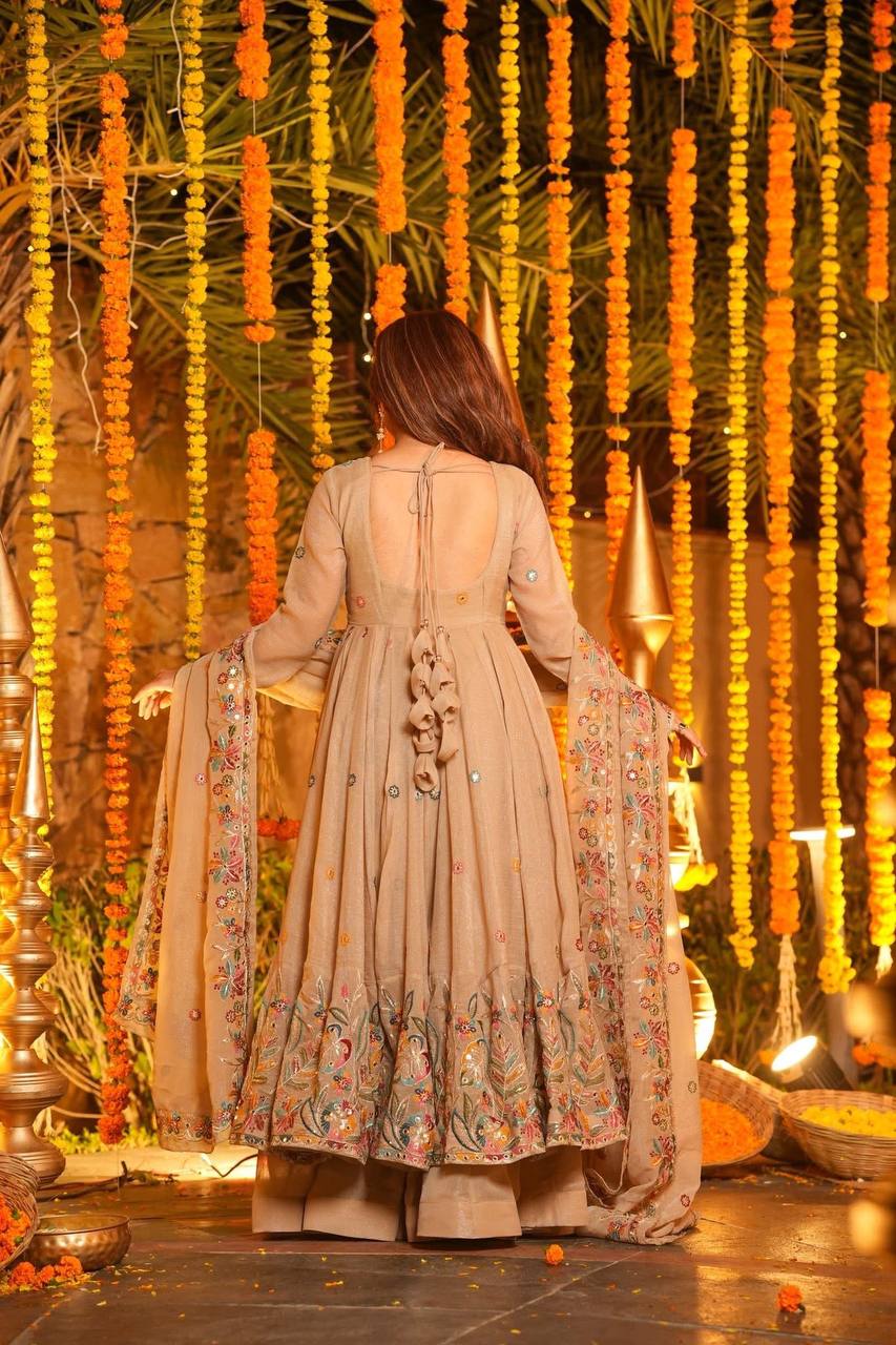Beige Embroidered Gown Sharara Set ClothsVilla