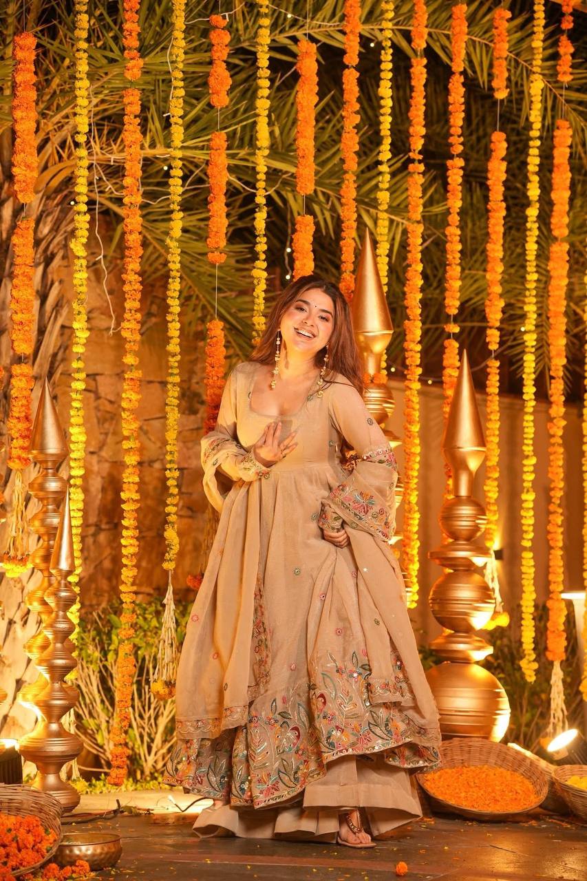 Beige Embroidered Gown Sharara Set ClothsVilla